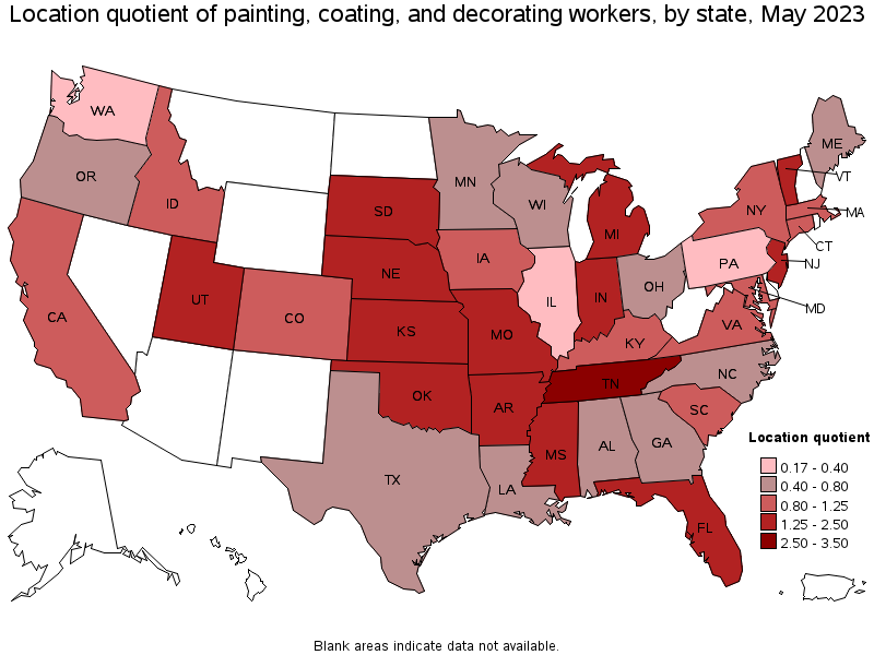 Map of location quotient of painting, coating, and decorating workers by state, May 2023