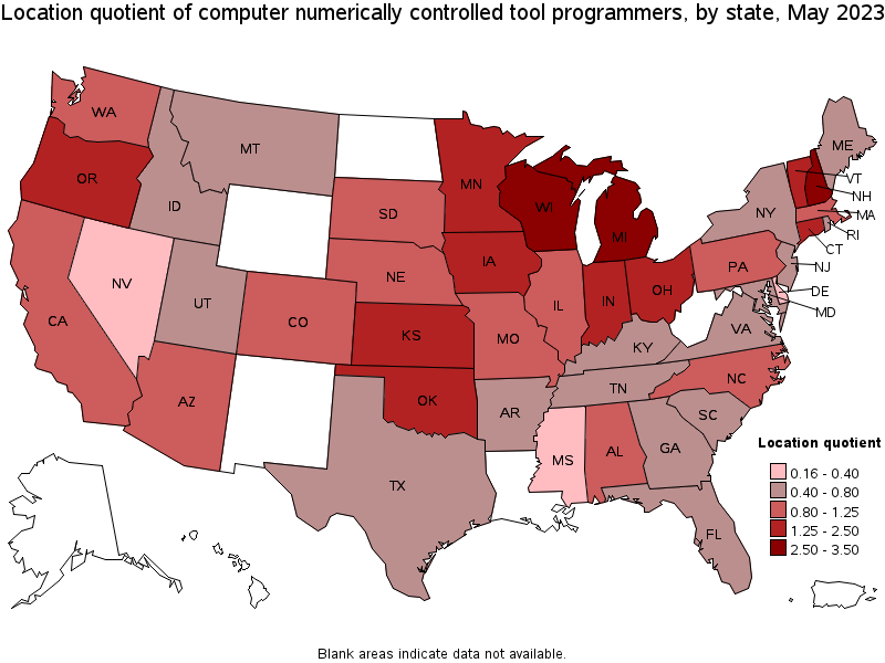 Map of location quotient of computer numerically controlled tool programmers by state, May 2023