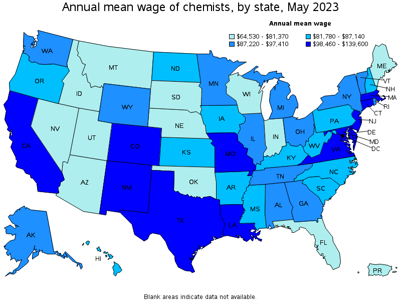 Map of annual mean wages of chemists by state, May 2023