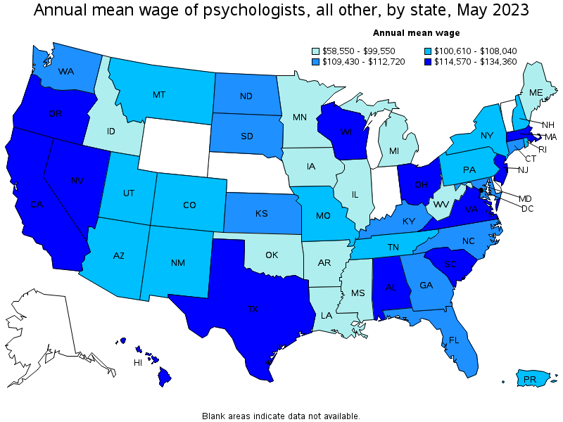 Map of annual mean wages of psychologists, all other by state, May 2023