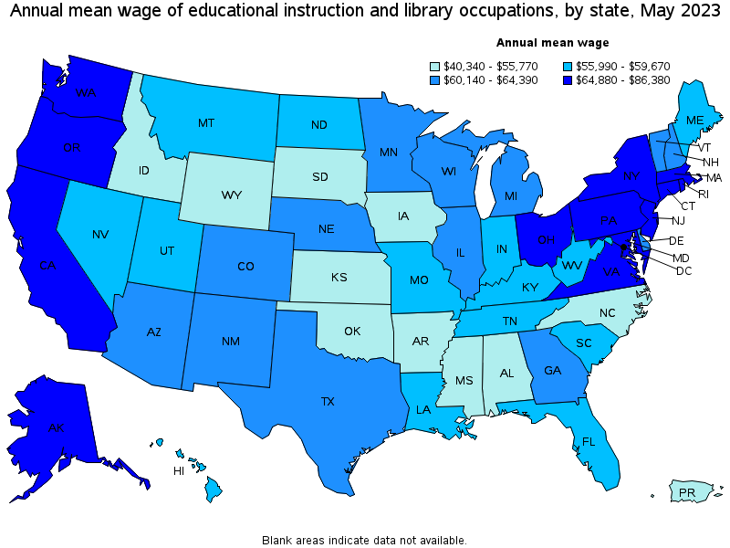 Map of annual mean wages of educational instruction and library occupations by state, May 2023