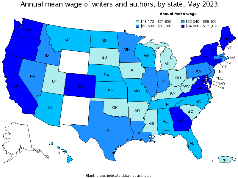 Map of annual mean wages of writers and authors by state, May 2023