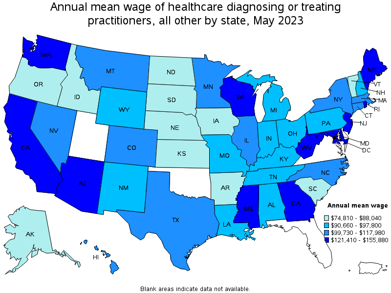 Map of annual mean wages of healthcare diagnosing or treating practitioners, all other by state, May 2023