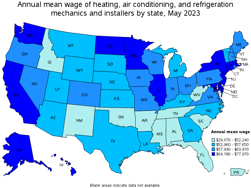 Map of annual mean wages of heating, air conditioning, and refrigeration mechanics and installers by state, May 2023