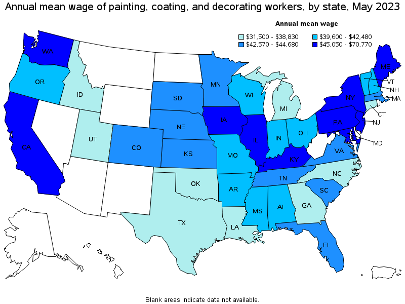 Map of annual mean wages of painting, coating, and decorating workers by state, May 2023