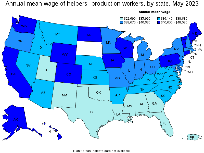 Map of annual mean wages of helpers--production workers by state, May 2023