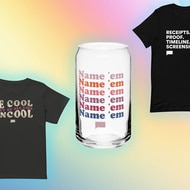 Two Black tee shirts and a glass with funny quotes on a blue yellow and pink background