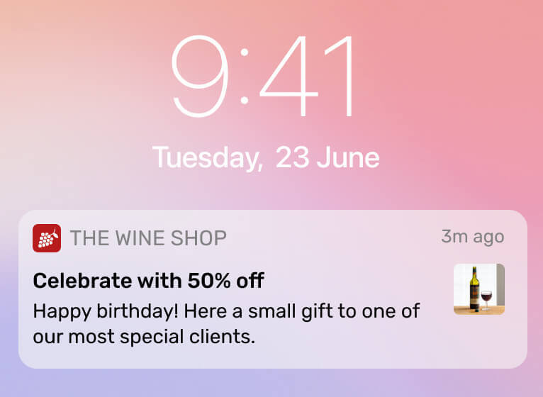 ecommerce app notification on phone for wine shop store promoting discounts 