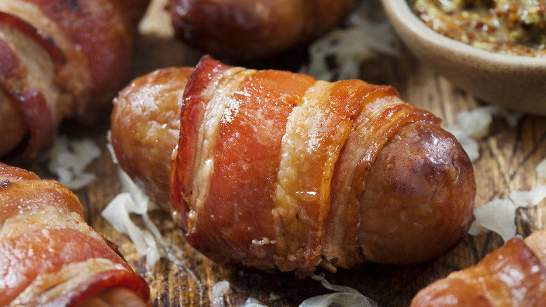 Mini bratwurst wrapped in bacon