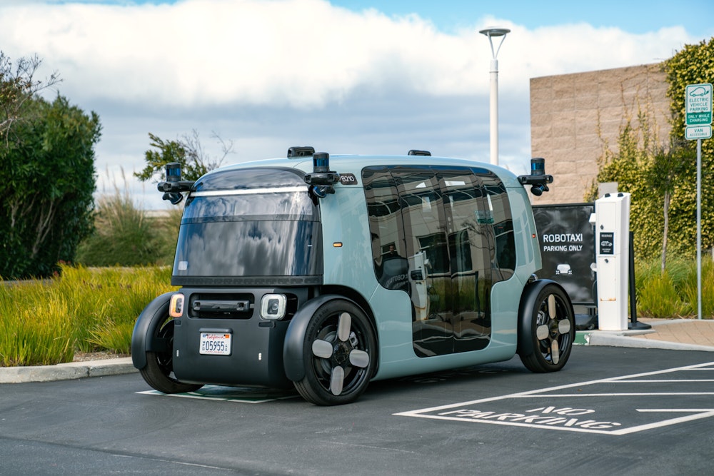 A Zoox robotaxi parked in Foster City