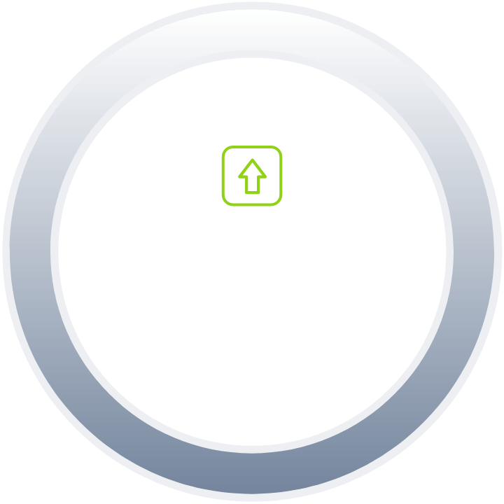 Gray circle outline with "3x" text and green up-pointing arrow in the center