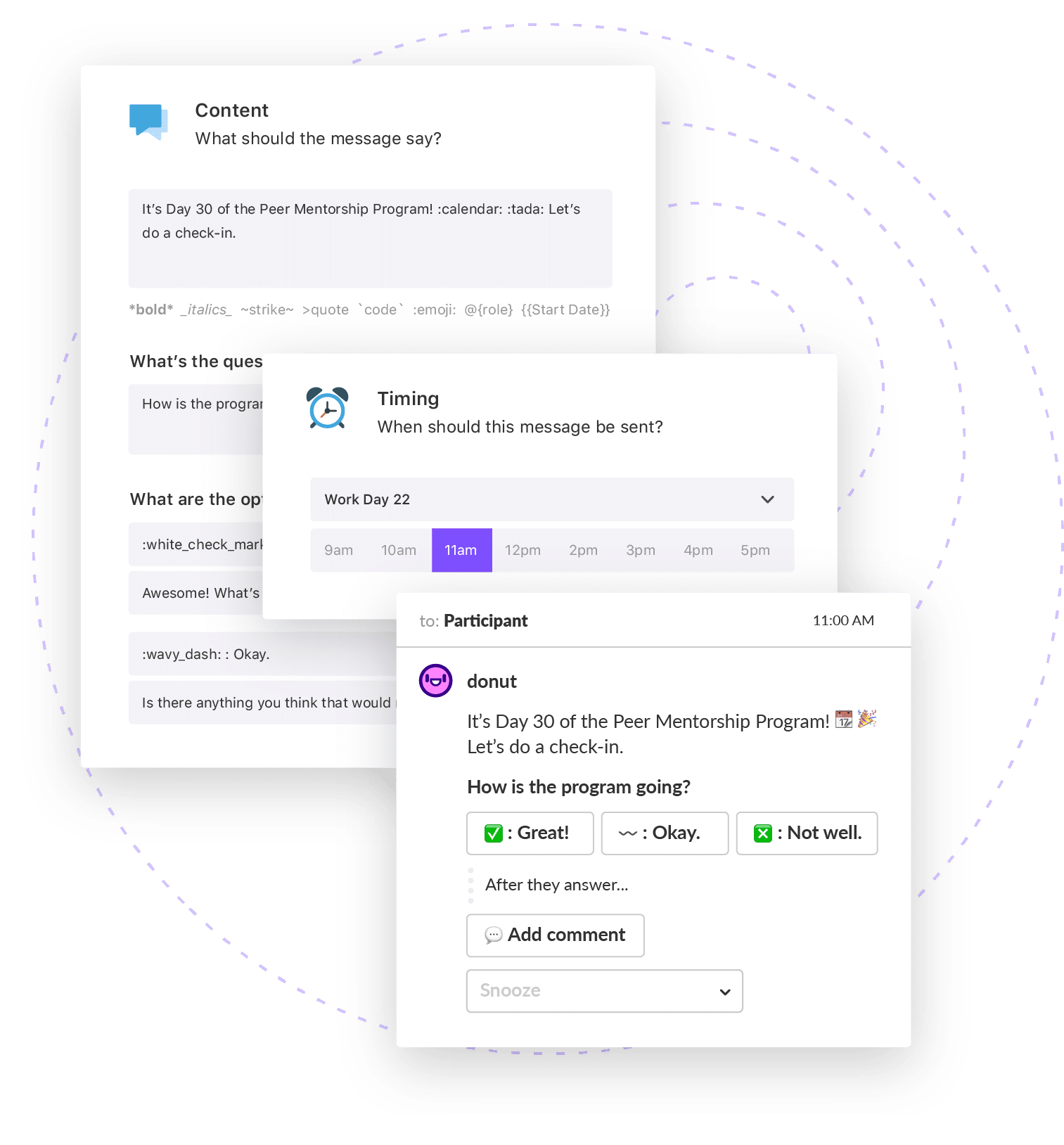 View of creating a Donut Journeys message and a preview of how it appears in Slack