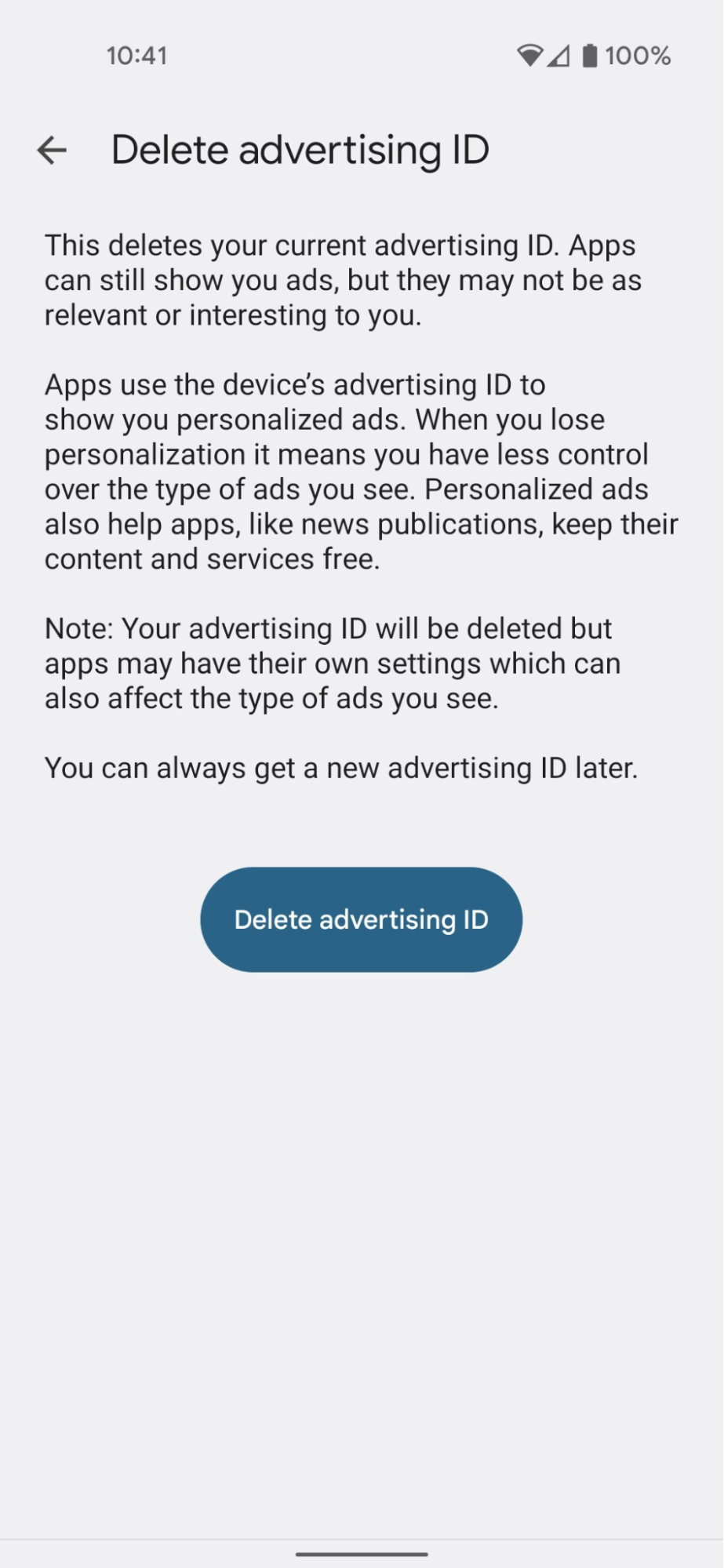 A screenshot of the Android Delete Advertising ID page. This page allows you to choose to delete the advertising ID.