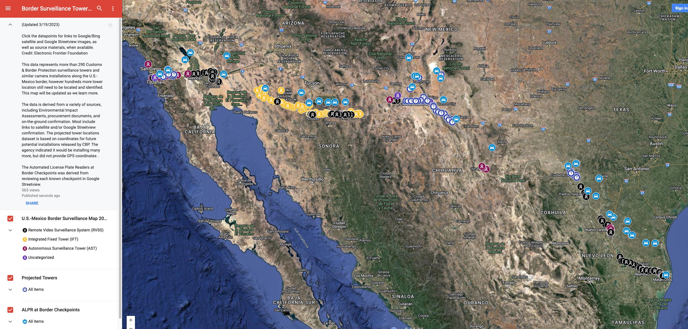 A map of the Southwestern United States, with various icons representing surveillance towers. 