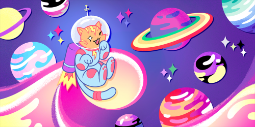 An orange tabby cat in a blue spacesuitpink and purple space colors representing pride flags.