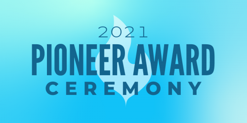 2021 Pioneer Award Ceremony banner, blue gradient w/ light blue flame