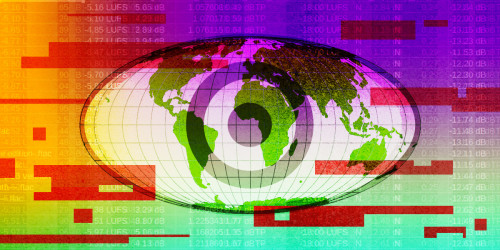 an eye covers a globe in multi-hued background
