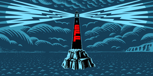 A lighthouse with EFF logo in a storm