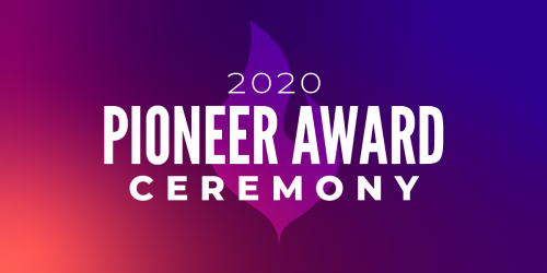 2020 Pioneer Awards Ceremony, over a single flame with a dark purple and red gradient