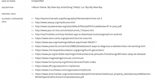 DMCA takedown notice listing many sites with mp3 on the page