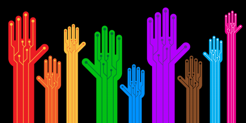 hands with circuit patterns in LGBTQ  flag colors