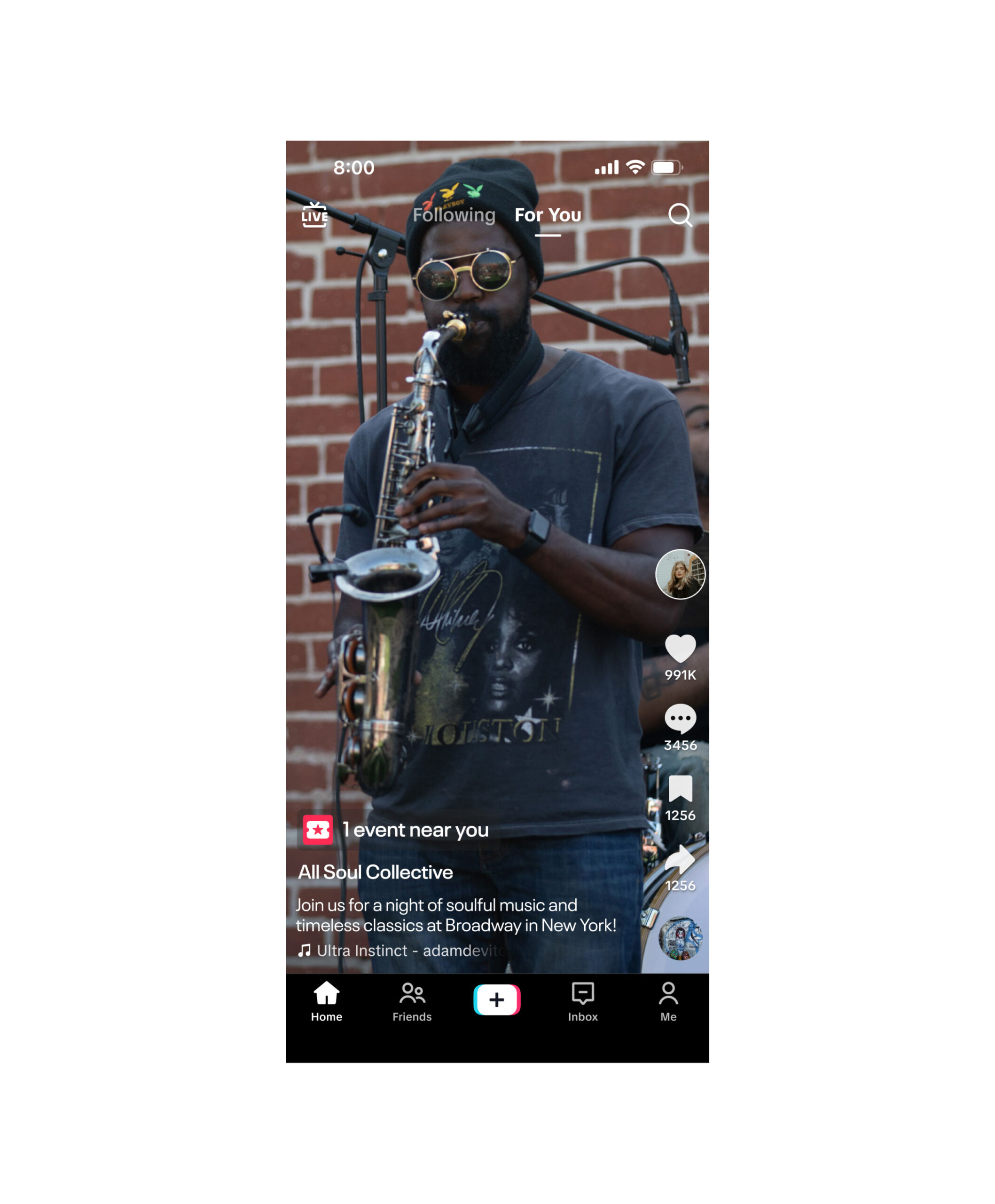 An example of Eventbrite organiser All Soul Collective promoting their event on TikTok. A musician plays saxophone on stage.