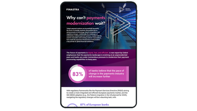 Image of tablet with cover slide of "Why can't payments modernization wait?" infographic