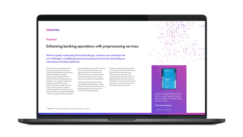 Image of laptop with cover slide for "Enhancing banking operations with preprocessing services" brochure