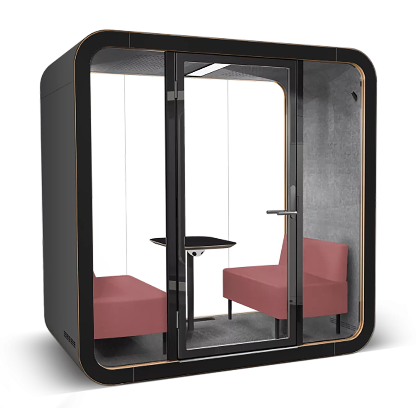 Black colored Framery Q meeting pod with Rose colored seats.