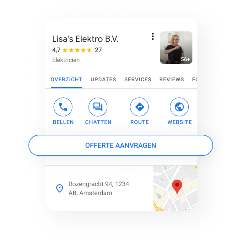 Afbeelding van een bedrijfsprofiel op een mobiel apparaat met de knop Een offerte aanvragen
