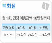 백화점- 월1회, 건당이용금액 10만원까지 전월실적 30만원이하: 3%할인/ 70만원이하: 7%할인/ 150만원이하: 10%할인