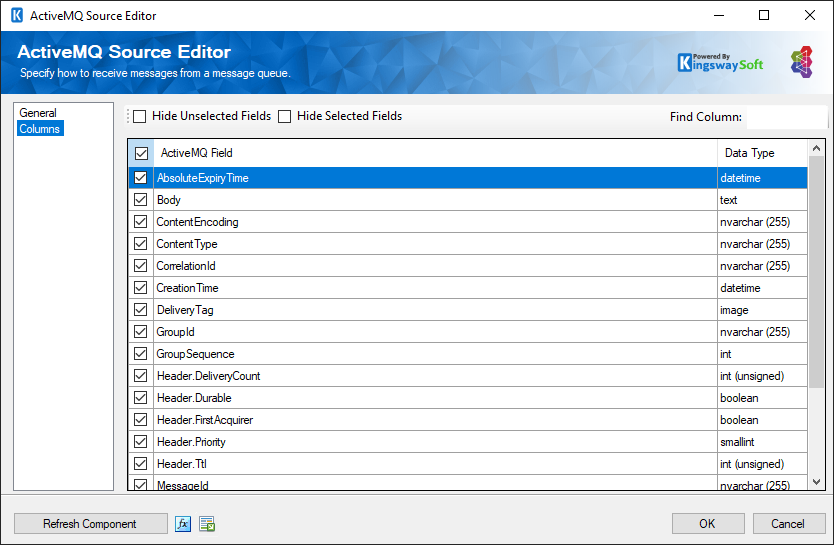 ActiveMQ Source Component - Columns