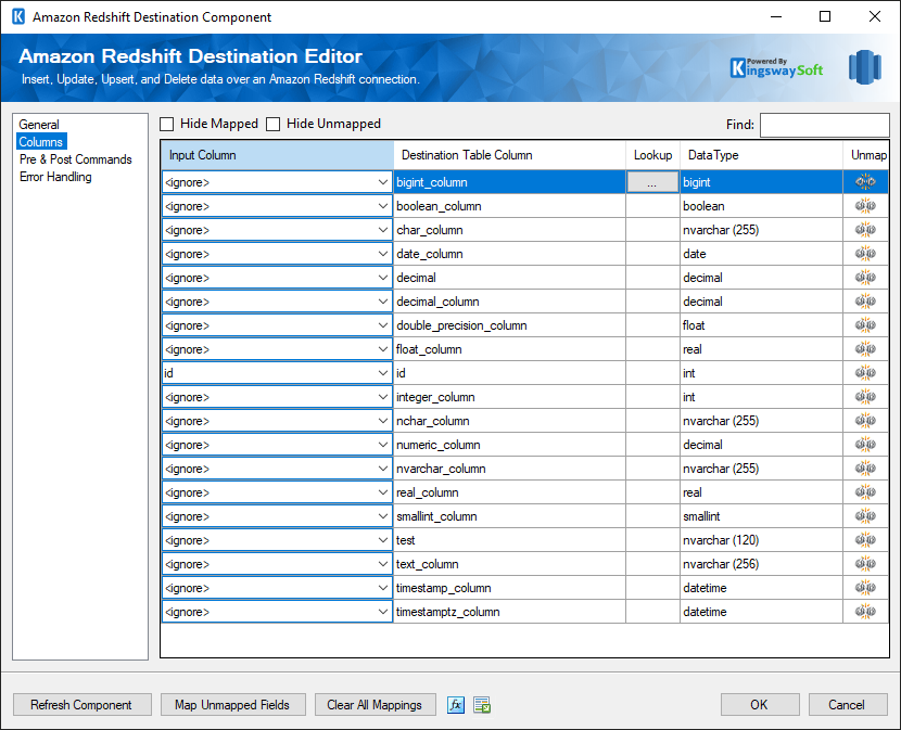 Amazon RedShift Destination - Columns Page