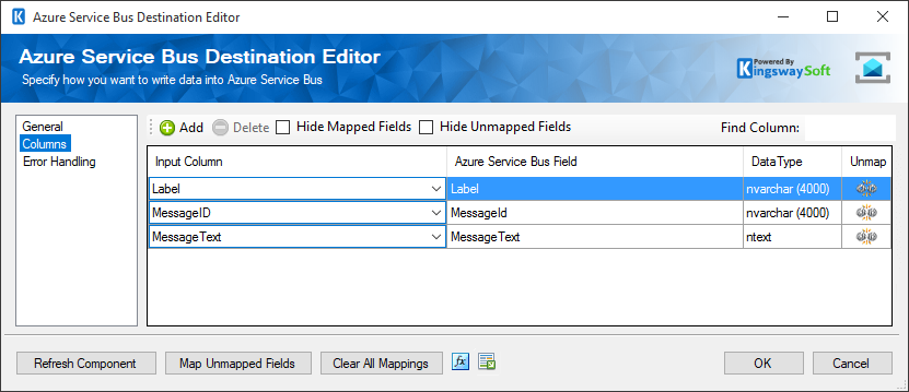 SSIS Azure Service Bus Destination Component - Columns Page