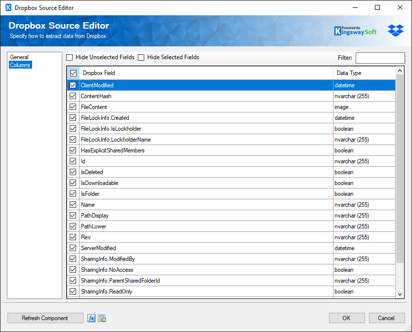 Dropbox Source Component - Columns Page