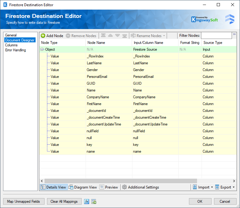 Firestore Destination - Document Designer - Details View