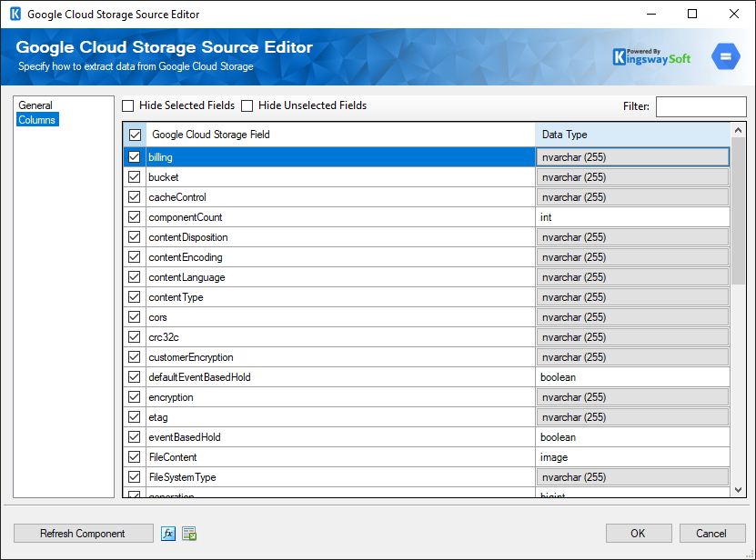 Azure Data Lake Storage Source Component - Columns Page