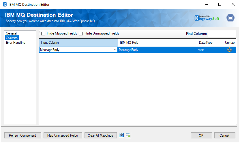 IBM MQ destination component - columns