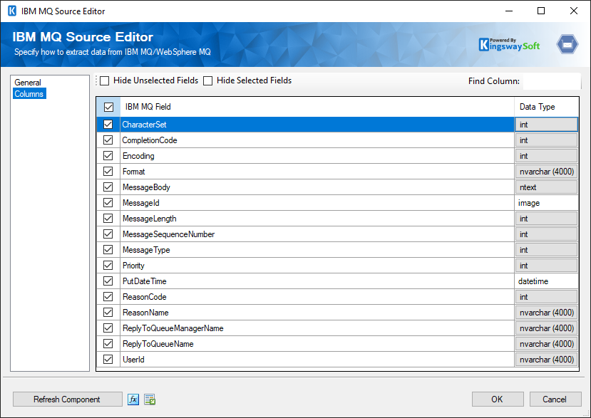 IBM MQ source component - columns