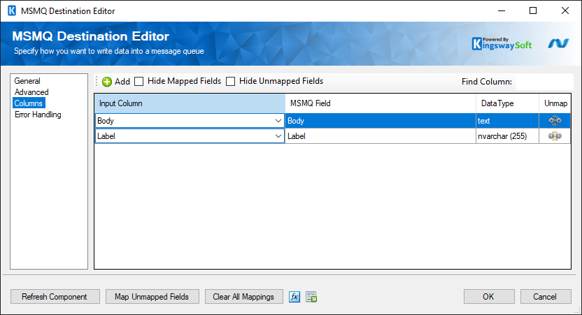 SSIS MSMQ Destination Component - Columns Page