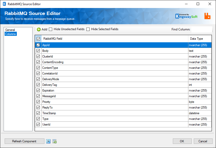 RabbitMQ SSIS Source Component - Columns