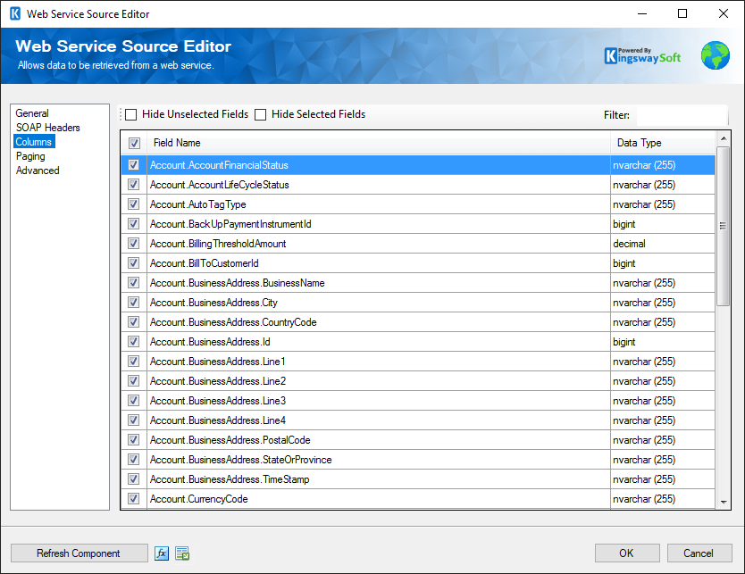 SSIS Web Service Source Component - Columns Page