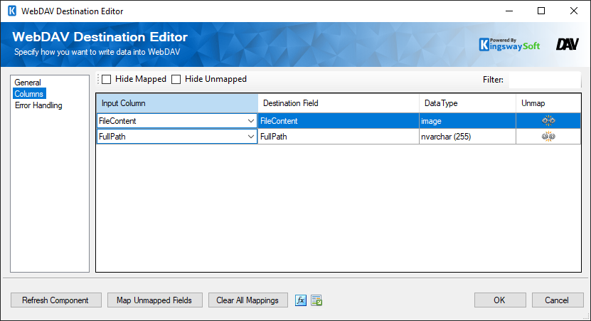 WebDAV Destination Editor - Columns