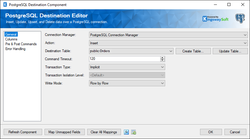 PostgreSQL Destination - General Page