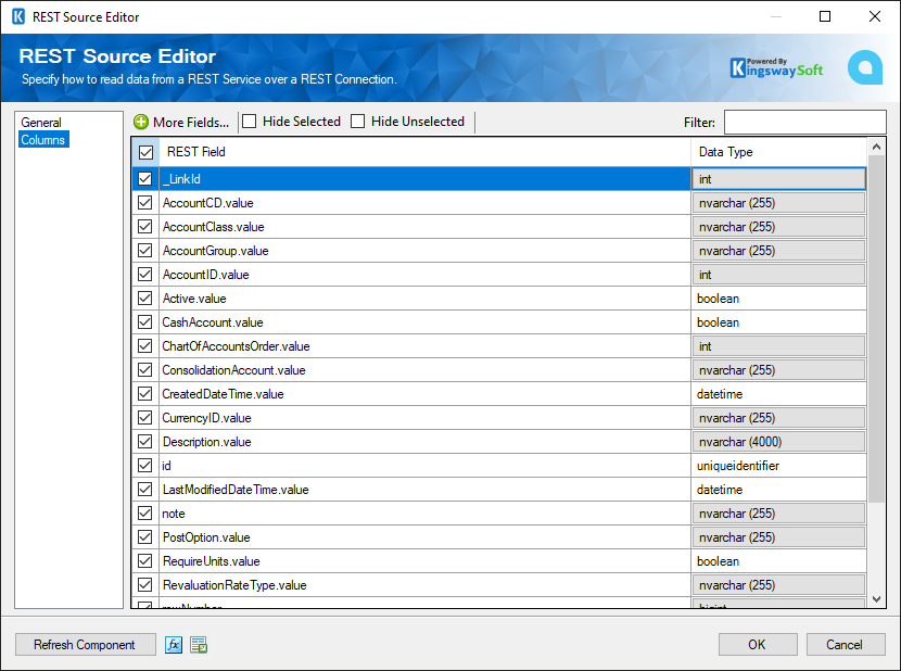 SSIS Acumatica REST Source - Columns