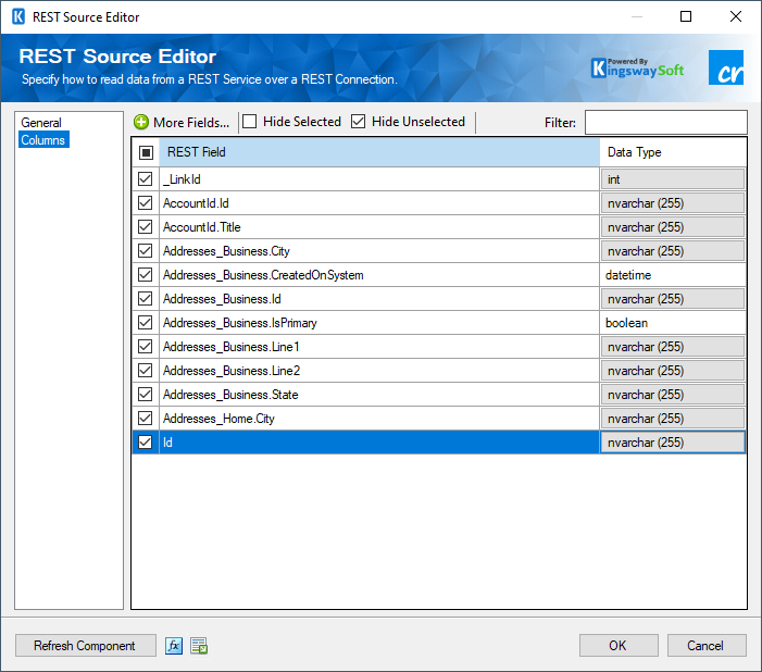 Crelate Rest Source Component - Columns