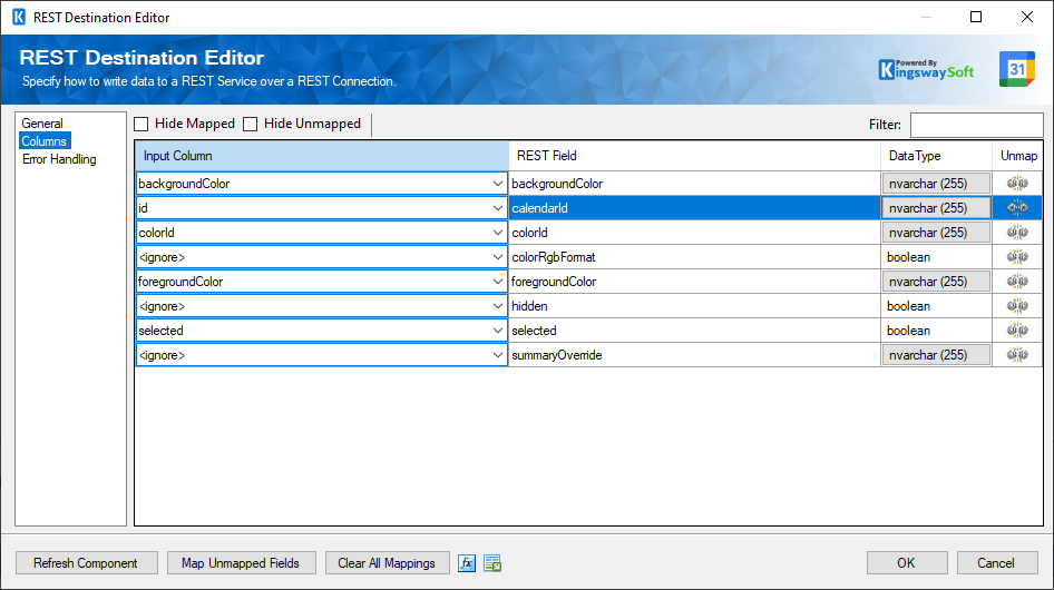 SSIS Google Calendar Destination Component - Columns