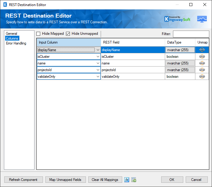 Google Cloud Monitoring Rest Destination Component - Columns