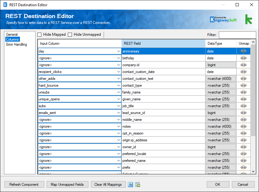 SSIS Infusionsoft REST Destination - Columns