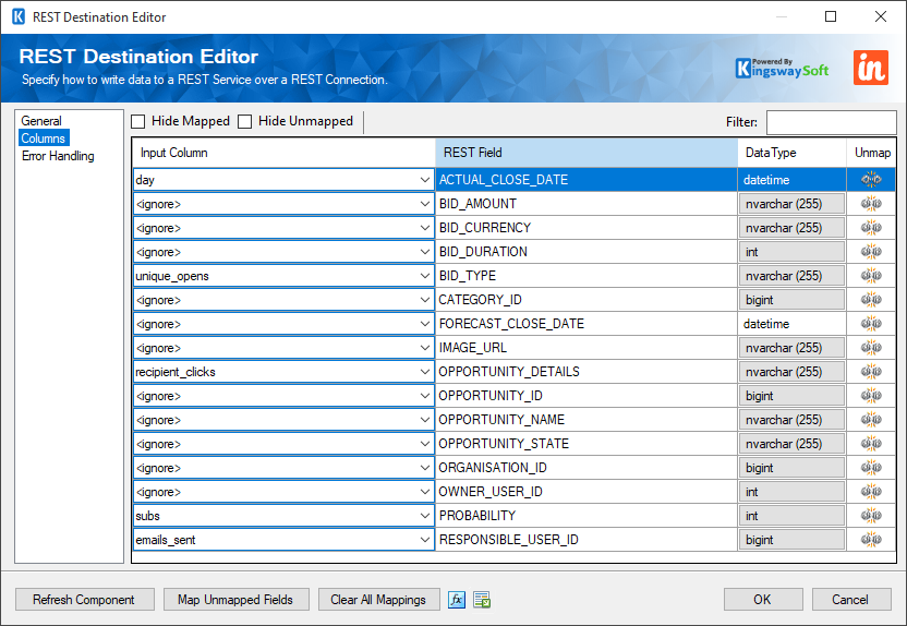 SSIS REST Insightly Destination - Columns